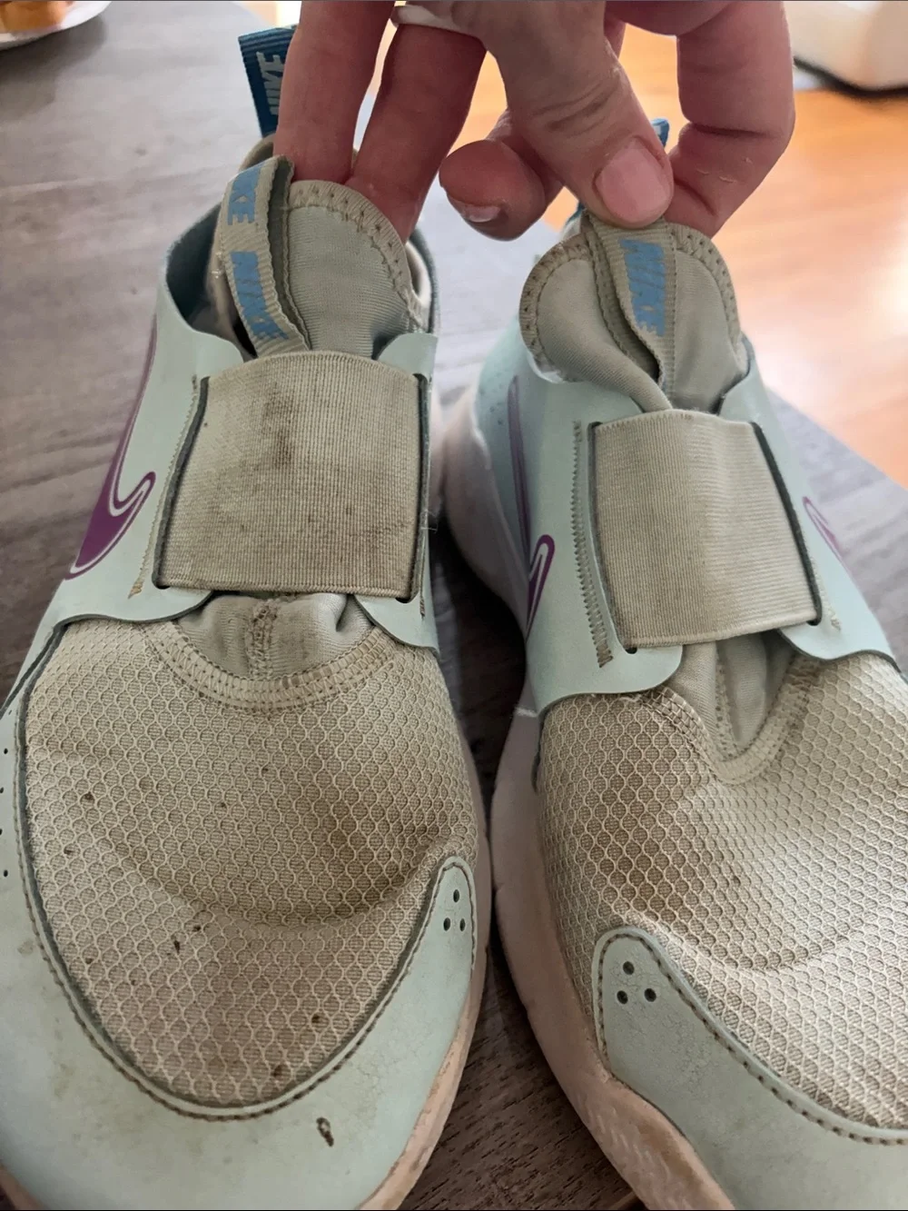 Nike Kids Mint Green Slip-On Sneakers with Purple Swoosh
